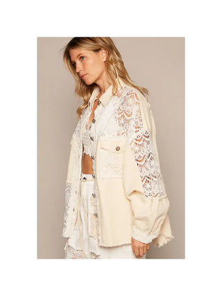 POL - Vintage Oversize Lace Patch Front Pockets Shacket - Natural