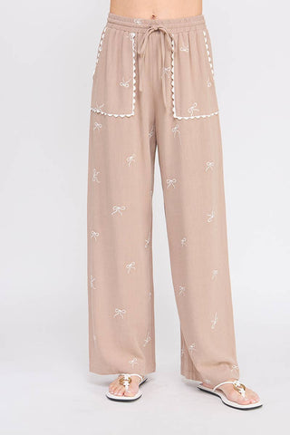 Allie Rose - Bow Embroidered Soft Linen Palazzo Pant
