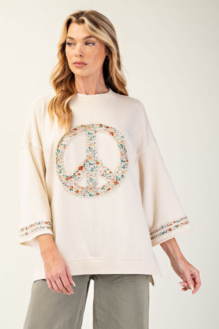 Easel Mineral Wash Terry Floral Peace Sign Pullover