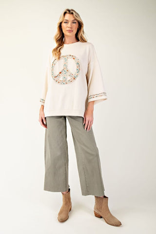 Easel Mineral Wash Terry Floral Peace Sign Pullover