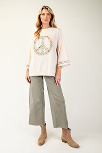 Easel Mineral Wash Terry Floral Peace Sign Pullover