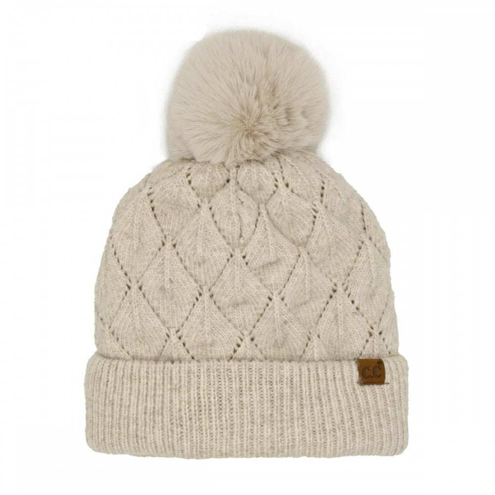 CC Leaf Pattern Faux Fur Pom Beanie – Recycled Blend Winter Hat