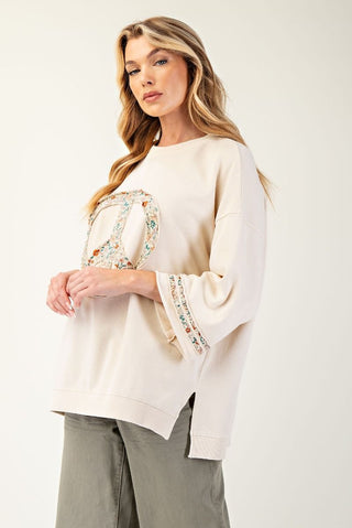 Easel Mineral Wash Terry Floral Peace Sign Pullover