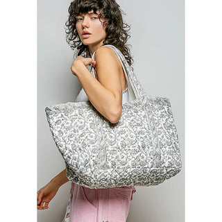 POL - Ivory Grey Bohemian Roomy Fit Floral Print Woven Tote Bag