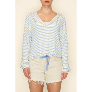 The Greii - Stripe Button Front Hooded Top - Light Blue/Red Stripe