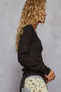 POL Square Neck Solid Placket Detail Cut and Sew Knit Top