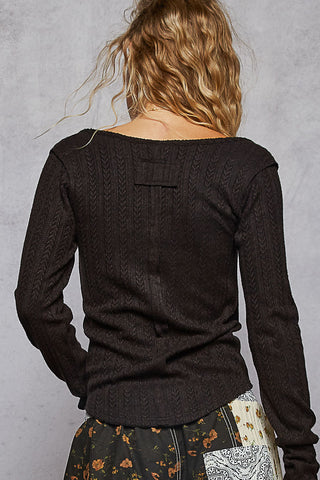 POL Square Neck Solid Placket Detail Cut and Sew Knit Top