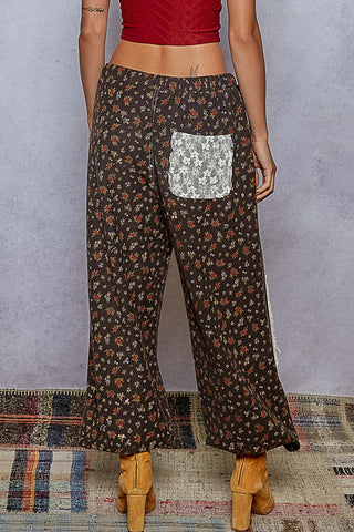 POL French Terry Lace Patch Printed Woven Pants Black Floral