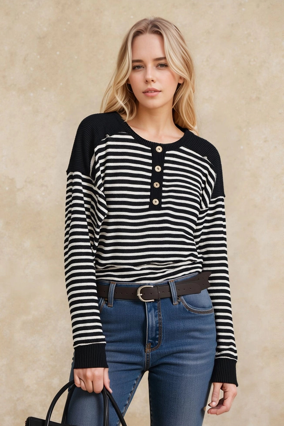 Heimish Long Sleeve Stripe And Solid Contrast Top