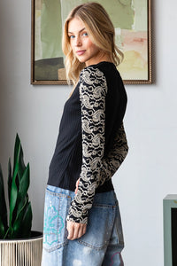 Oli & Hali Lace Sleeve Henley Neck Knit Top | Women’s Long Sleeve