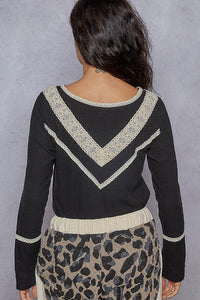 POL Long Sleeve Double Gauze Solid Knit Rib Top