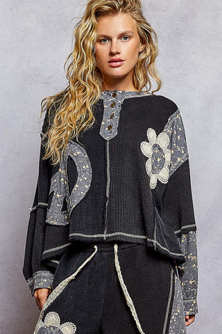 POL Round Neck Peace Patch Floral Oversized Fit Knit Top- Black