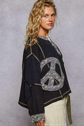 POL Round Neck Peace Patch Floral Oversized Fit Knit Top- Black