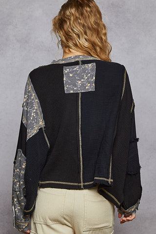 POL Round Neck Peace Patch Floral Oversized Fit Knit Top- Black