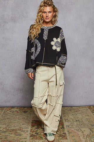 POL Round Neck Peace Patch Floral Oversized Fit Knit Top- Black