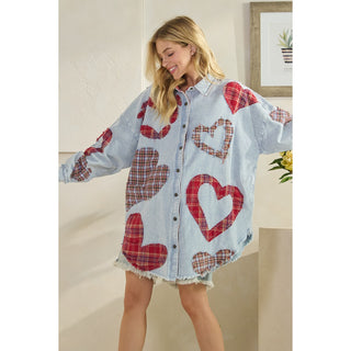 Oli & Hali Washed Plaid Heart Patchwork Buttondown Shirt | Women’s Denim Top