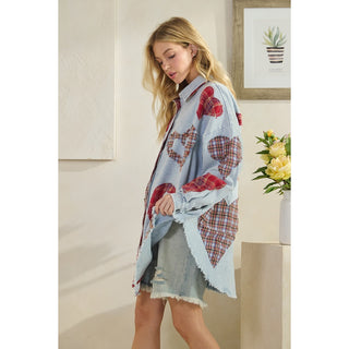 Oli & Hali Washed Plaid Heart Patchwork Buttondown Shirt | Women’s Denim Top