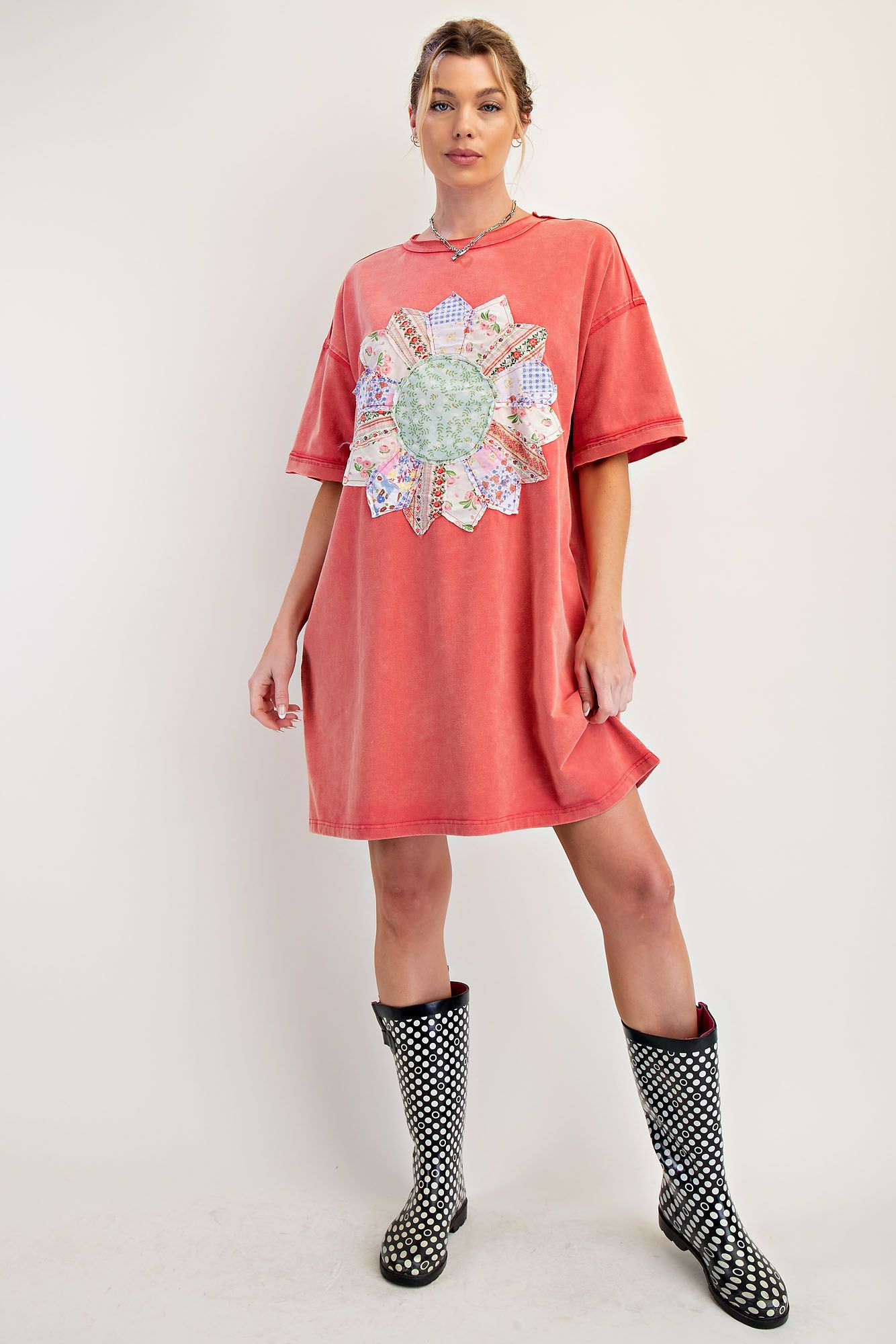 Easel Boho Patch Mineral Wash T-Shirt Dress