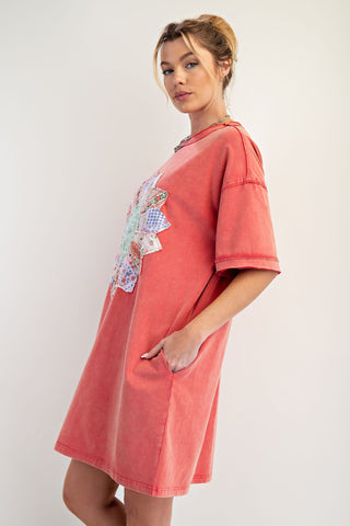 Easel Boho Patch Mineral Wash T-Shirt Dress