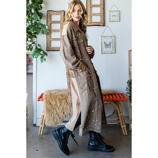 Oli & Hali Washed Studded Patchwork Long Jacket | Women’s Duster Coat