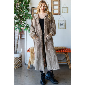 Oli & Hali Washed Studded Patchwork Long Jacket | Women’s Duster Coat