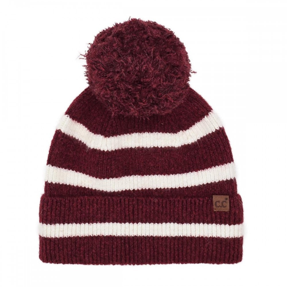 CC Stripe Yarn Pom Beanie – Sustainable Knit Winter Hat
