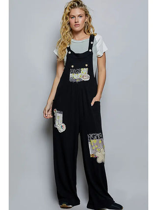 Pol - Textured Knit Patchwork Straight Leg Overalls