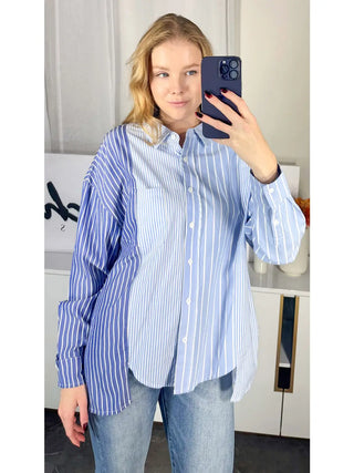 White Birch Blue Mixed Stripe Oversized Button-Down Shirt