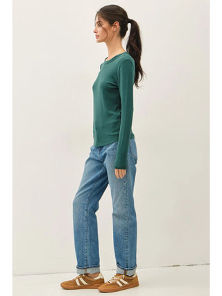 Be Cool - Round Neck Long Sleeve Knit Top - Forest Green