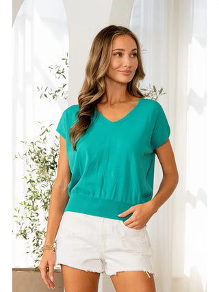 Sew in Love - Relaxed Fit Short Sleeves V Neck Top - Emerald