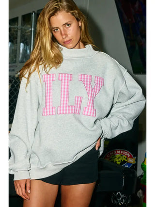 BUCKETLIST -  'ILY' Gingham-Patch Mock-Neck Sweatshirt - Gray