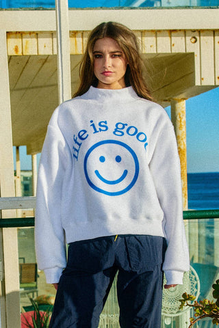BUCKETLIST Exactly Where you Need to Be Reversible Graphic Mock-Neck Crop Sweatshirt