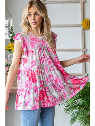 Heimish - Butterfly Sleeve Multi Color Floral Tiered Top - Beige