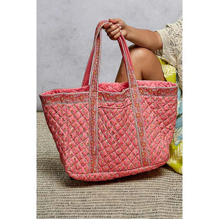POL - Pink Yellow Bohemian Roomy Fit Floral Print Woven Tote Bag