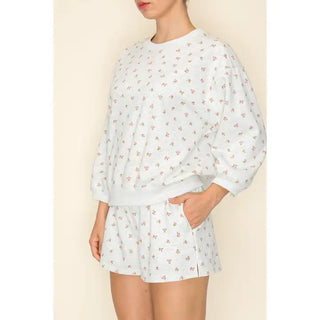 The Greii - Floral Printed Sweatshirt and Shorts Set - Light Heather Grey
