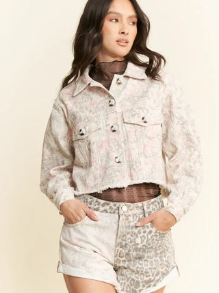 Davi & Dani - Washed Floral Loose Fit Denim Cropped Jacket