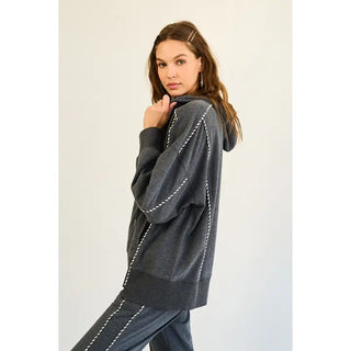 The Greii - Striped Piping Relaxed Fit Hoodie - Charcoal