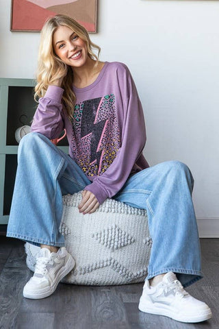 Heimish Puff Long Sleeve Solid Lightning Print Top