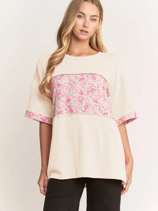 Heimish Floral Contrast Waffle Knit Top