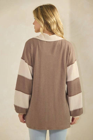 HEIMISH - LONG SLEEVE MANDARIN COLLAR SOLID CONTRAST TOP