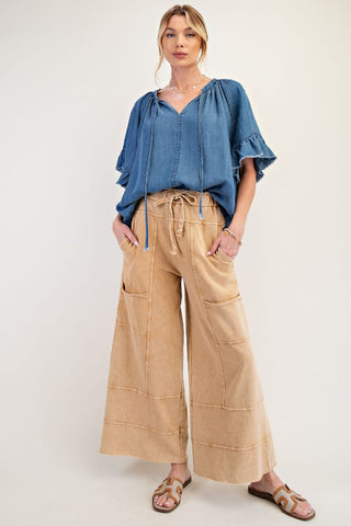 Easel Mineral Wash Terry Knit Cargo Pants – Camel | Boutique Lounge Style