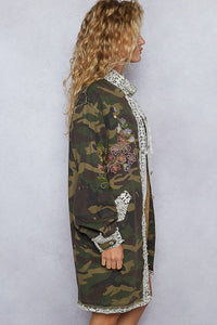 POL Oversized Camo Print Crochet Detail Jacket