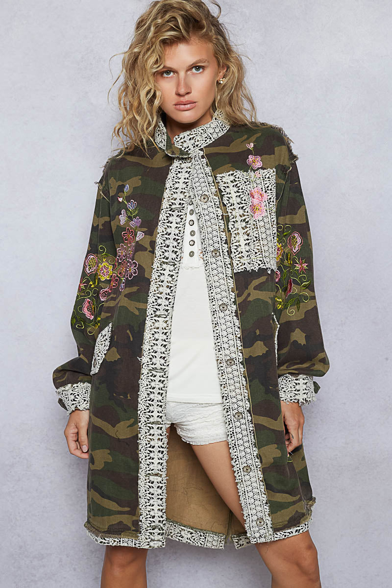 POL Oversized Camo Print Crochet Detail Jacket