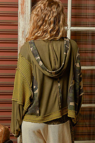 POL Olive Camo Stitch Detail Thermal Knit Hoodie Top