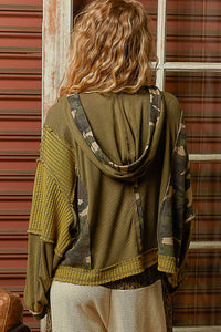 POL Solid Pattern Printed Stitch Detail Thermal Knit Hoodie Top