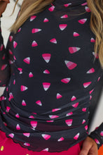 Load image into Gallery viewer, Jess Lea- Keigan Mesh Top – Candy Corn Print Halloween Shirt for Women
