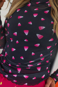 Jess Lea- Keigan Mesh Top – Candy Corn Print Halloween Shirt for Women