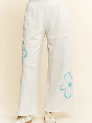 Davi &  Dani - Floral Patch Pockets Elastic Terry Easy Pants