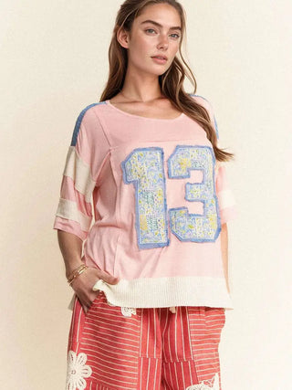 Davi & Dani - 13 Patch Multi Fabric Short Sleeve Knit Top