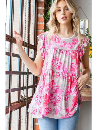 Heimish - Butterfly Sleeve Multi Color Floral Tiered Top - Beige